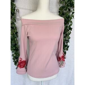 Palacio Pink Rose Embroidered Flared Sleeved Top Women's Large